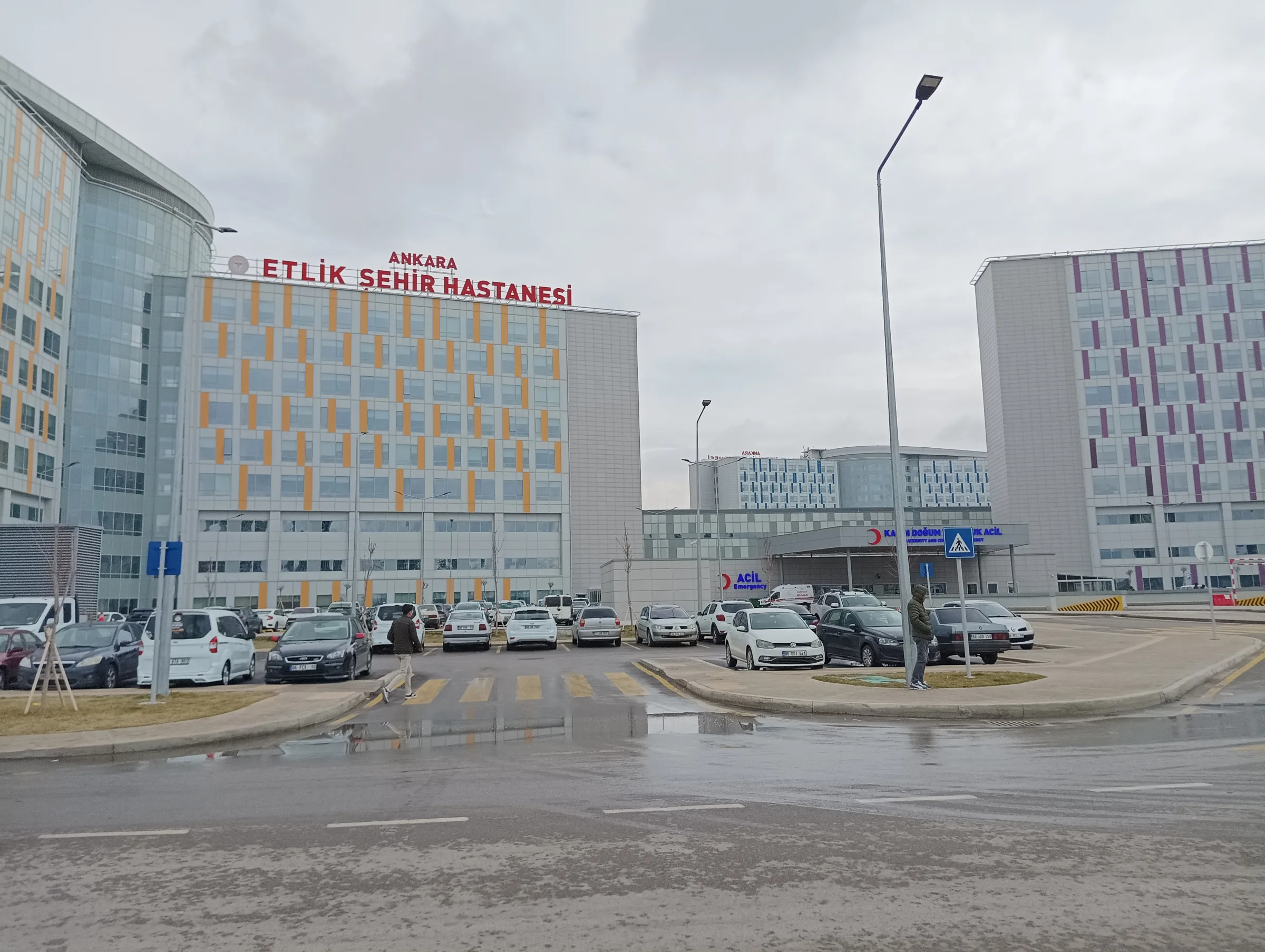Ankara Etlik City Hospital buildings, campus sign and emergency entrance